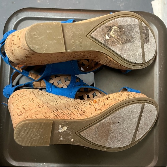 Franco Sarto Blue and Tan Laser-Cut Sandals with Cork Sole - Picture 5 of 6